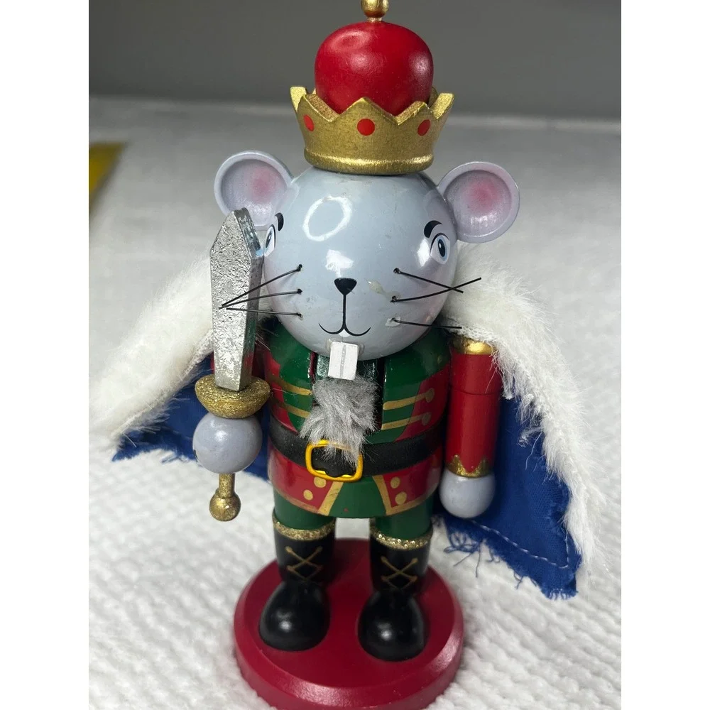 Wooden King Mouse Nutcracker Christmas Holiday Decor Crown‎ Sword Cape Red Base